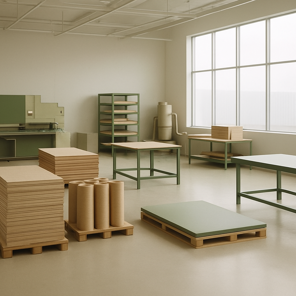 An orderly, high-end manufacturing environment with organized sustainable materials
