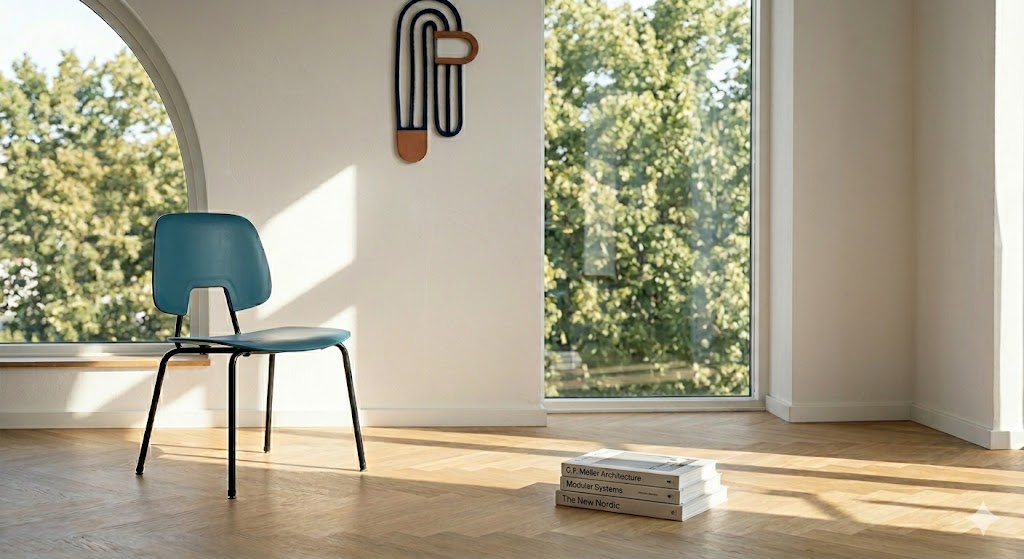 The R.U.M. chair in pharma blue with a black steel frame, shown in a light Scandinavian interior with herringbone parquet flooring